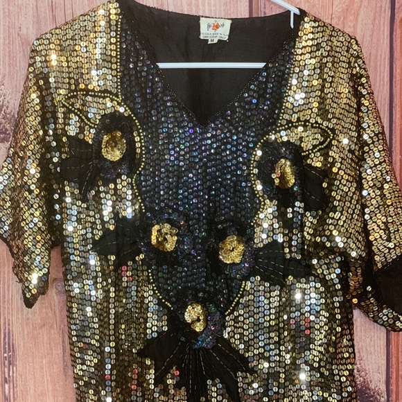 hary Tops - Gold sequin vintage silk blouse